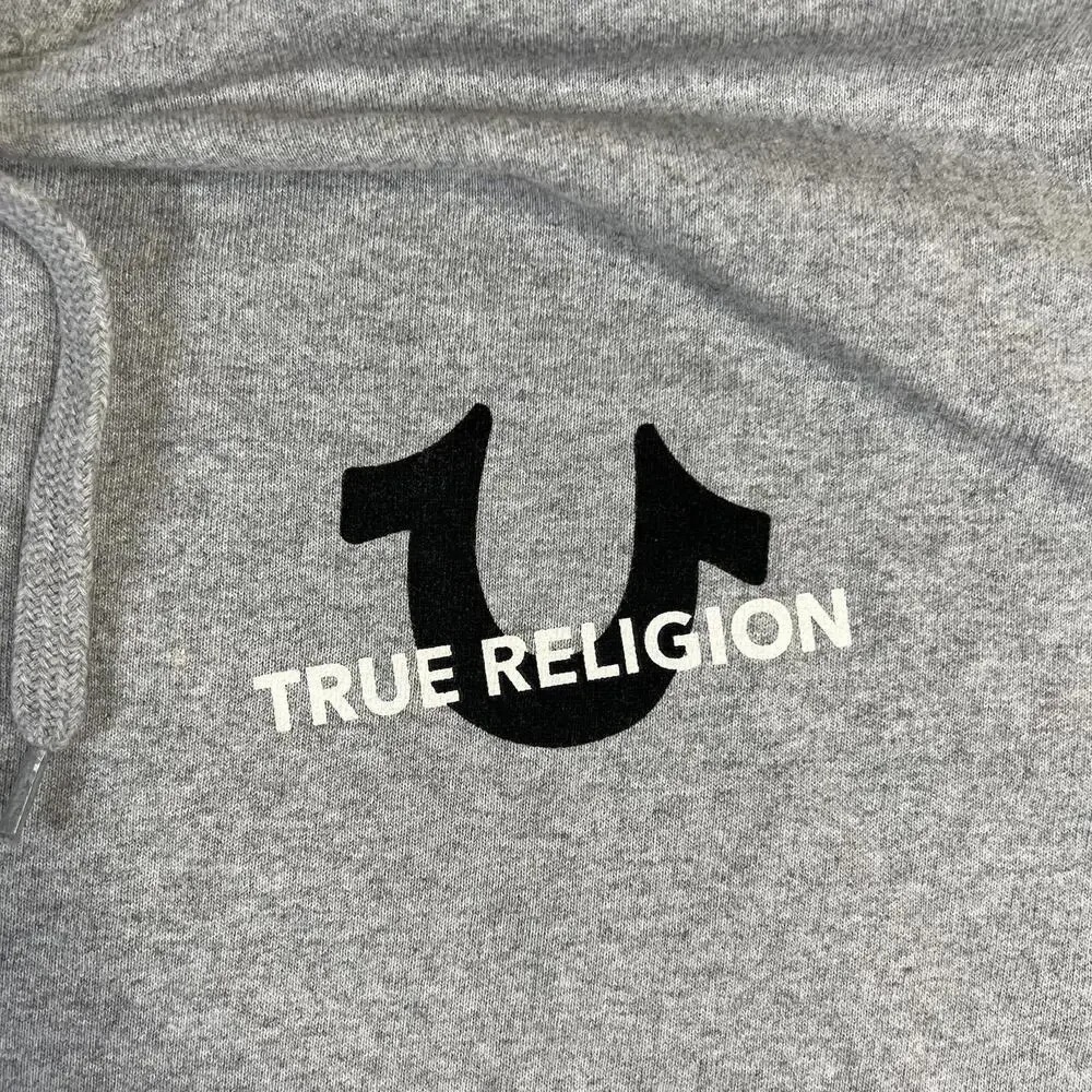 True Religion Logo Pullover Hoodie Men’s Large Gray Fleece Spell Out Horseshoe
